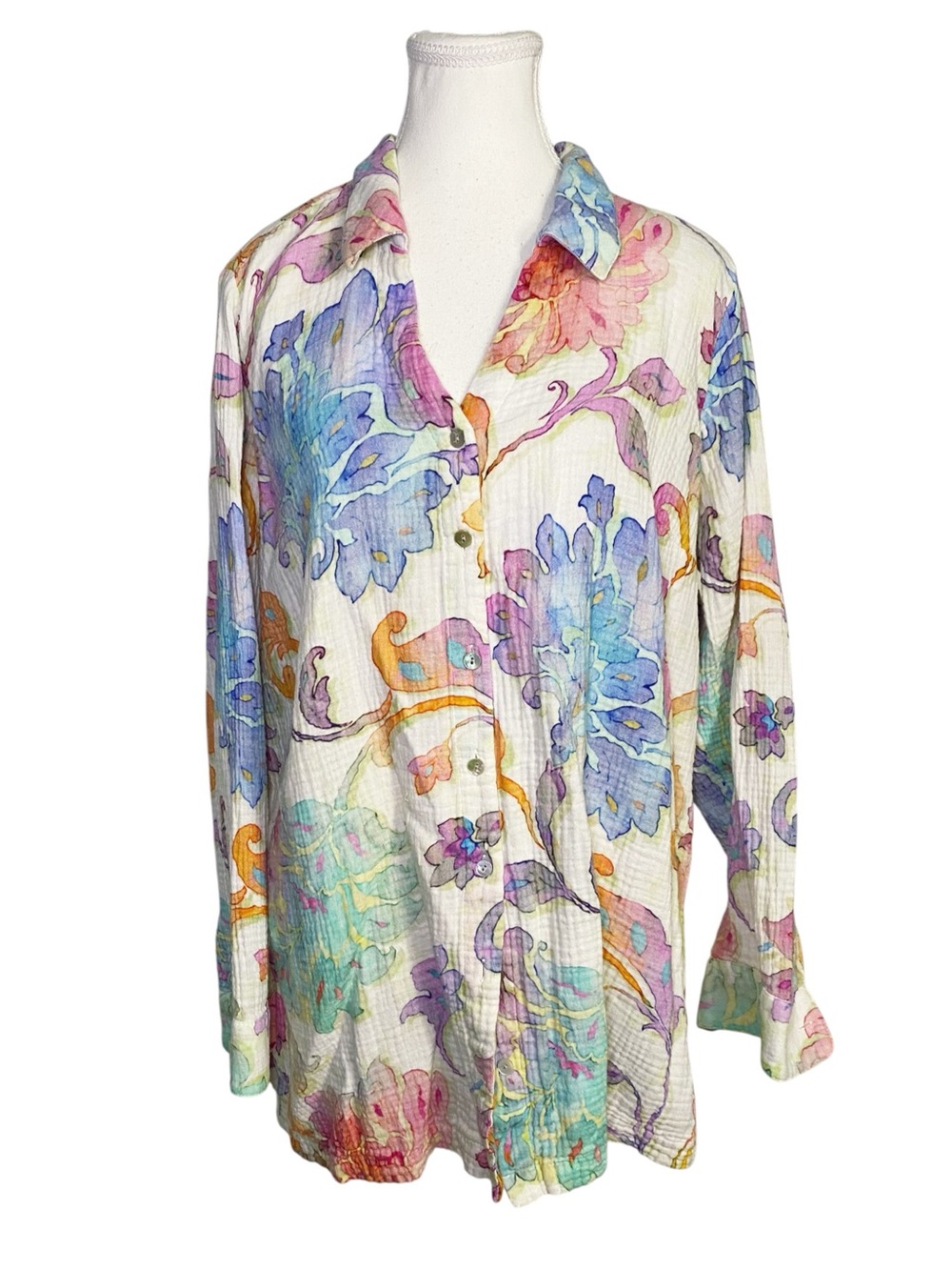 Soft Surroundings Watercolor Floral Crinkle Cotton Button Down Tunic Size 1X